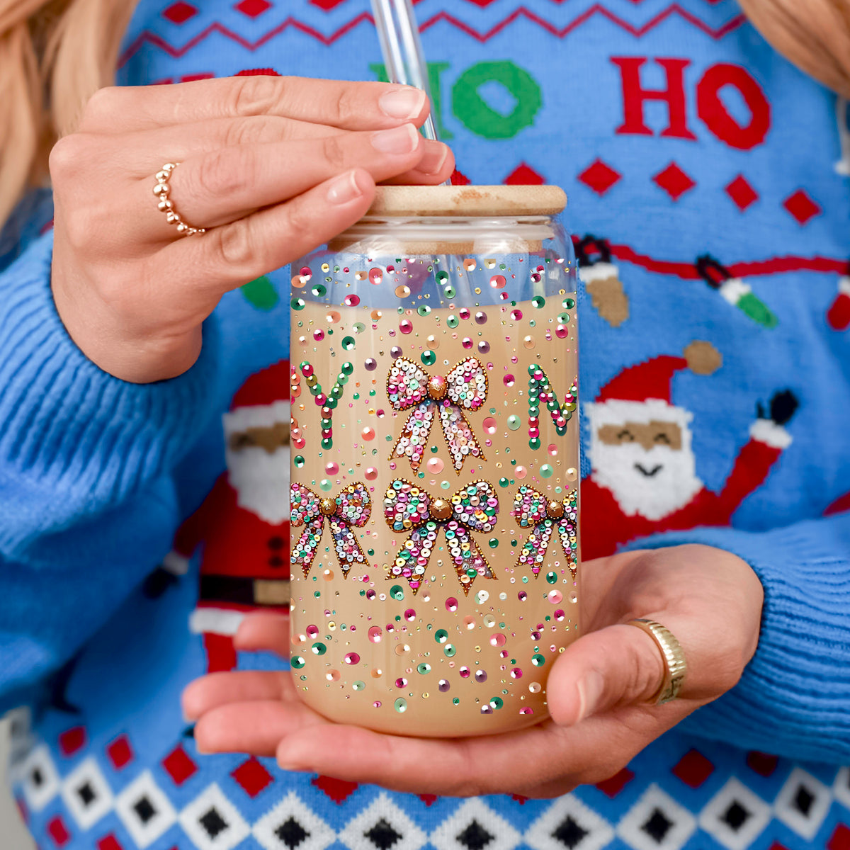 Aesthetic Christmas drinkware Merry sequin glass tumbler 17oz - Holiday coquette bow coffee cup bamboo lid
Instagram worthy Christmas glass cup 17oz - Sparkly Merry sequin glitter coquette bow holiday tumbler bamboo lid straw